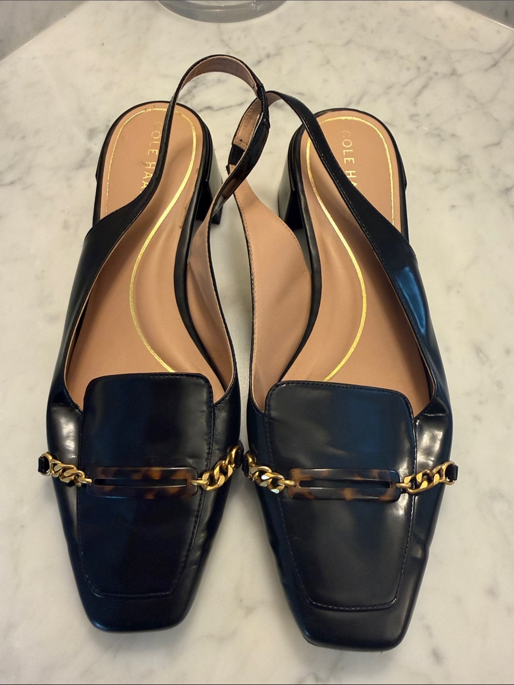 Cole Haan Penley Slingback Loafers with Gold Chain & Tortoiseshell, Size 10